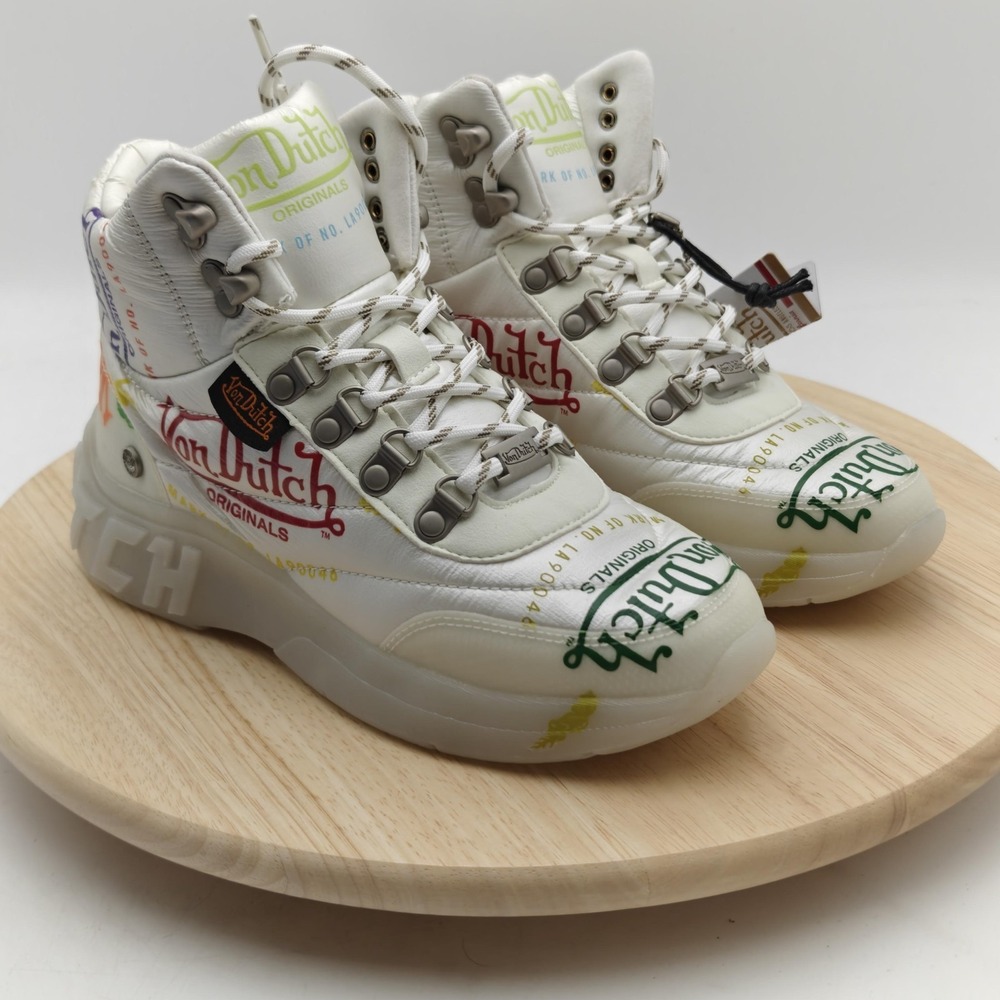 Von‎ Dutch Boots Womens Size 5 White Platform Ankle Logo Print Lace Up Shoes